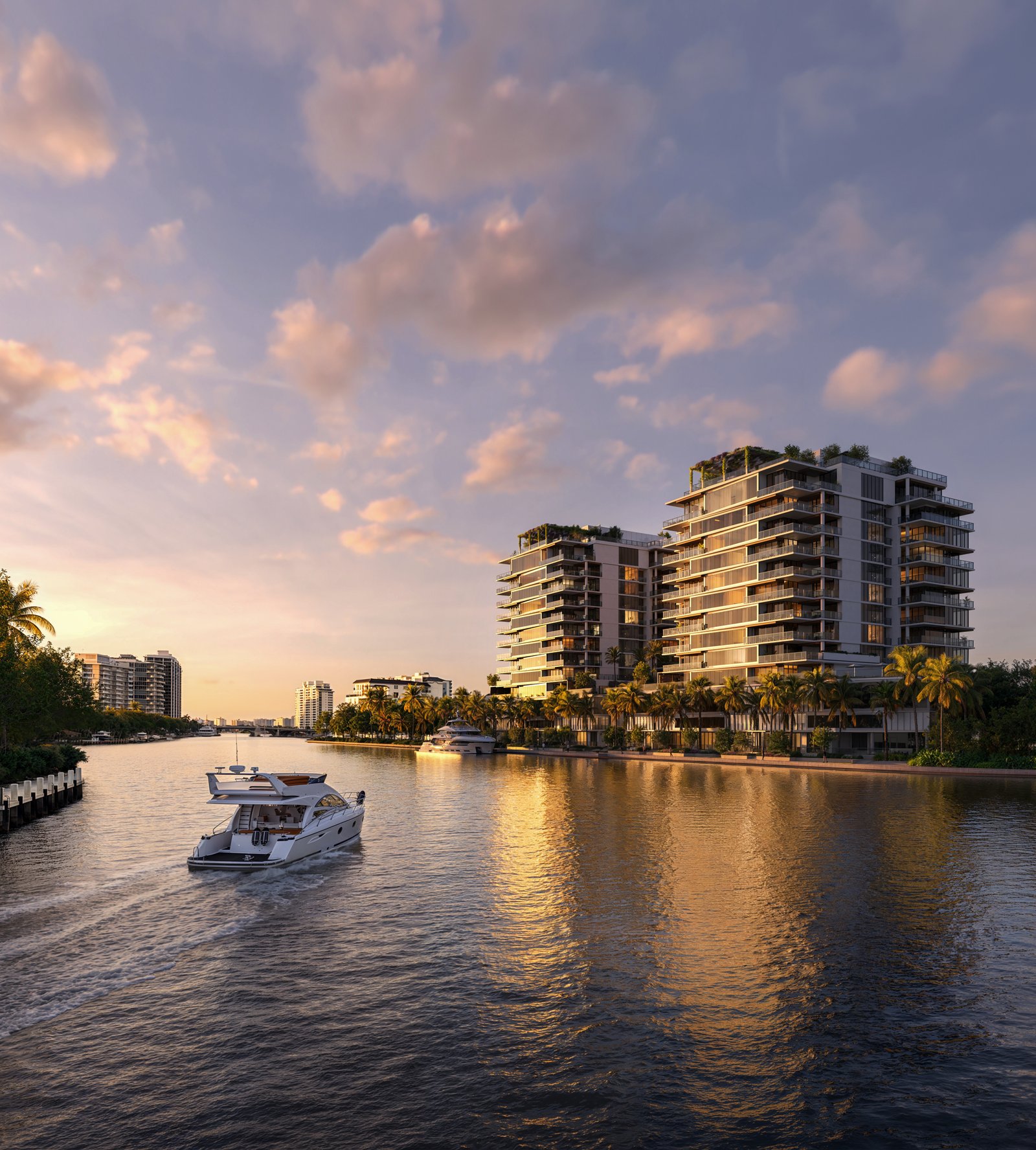 Aerial rendering of The Ritz-Carlton Residences Fort Lauderdale Beach dual tower development on the Intracoastal Waterway